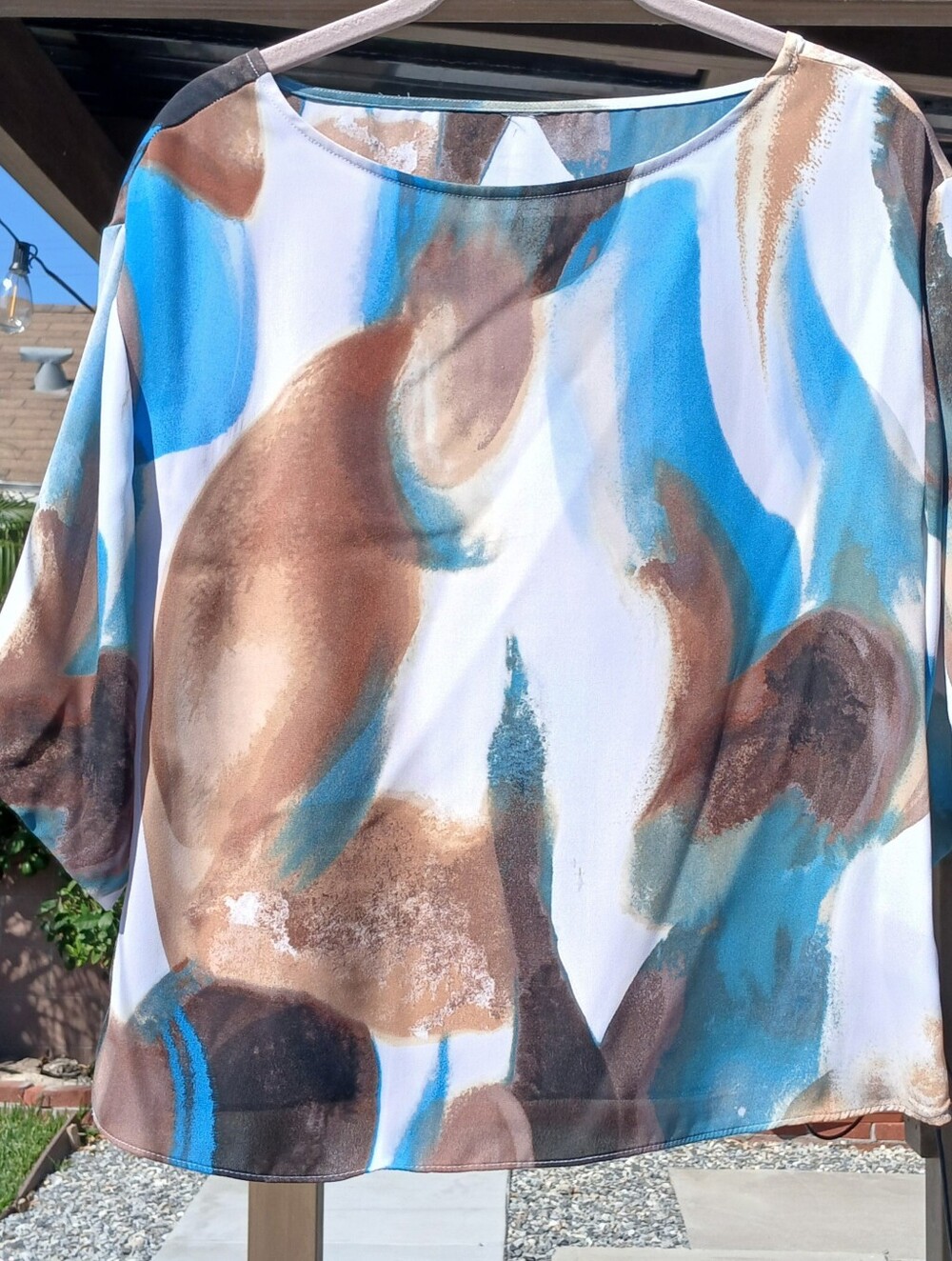 Abstract Brushstroke Print Women's Blouse in Blue and Brown